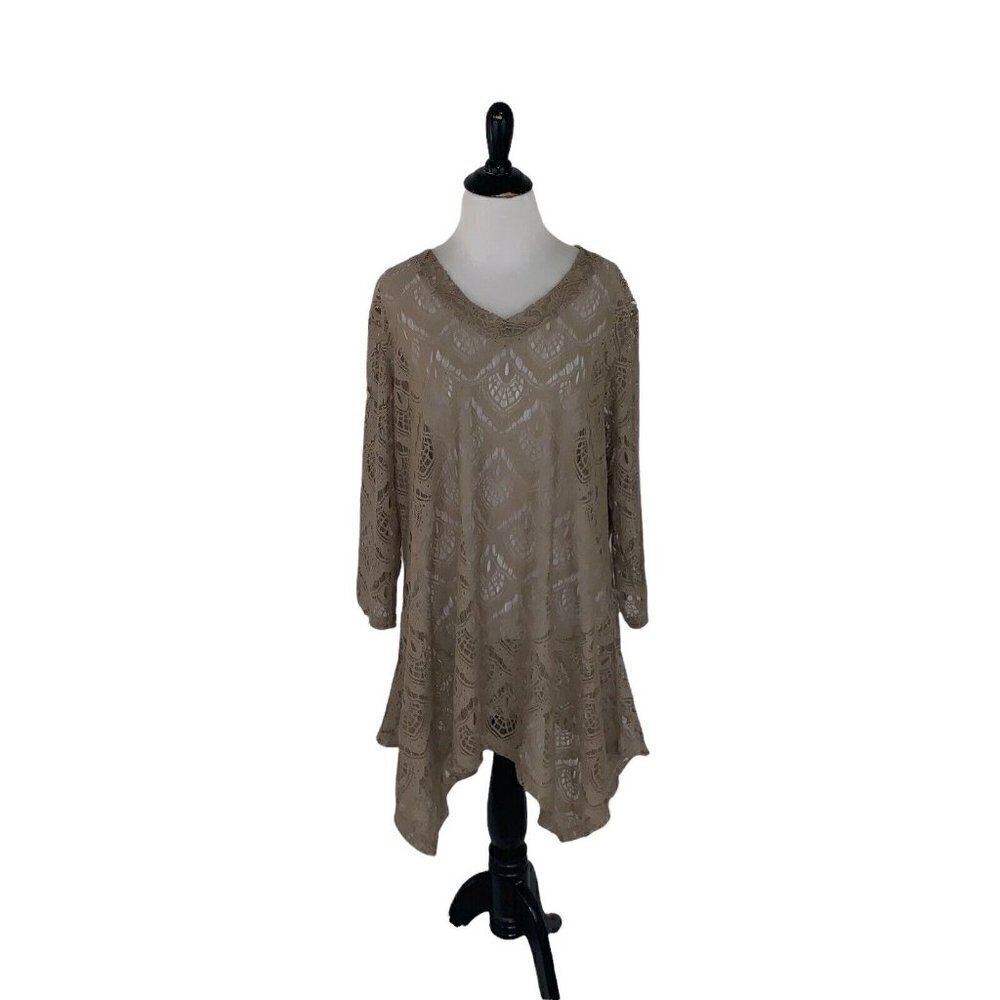Pleasant Shade Junior Size XL Lace Mini Dress Beach Coverup Semi Sheer Tan